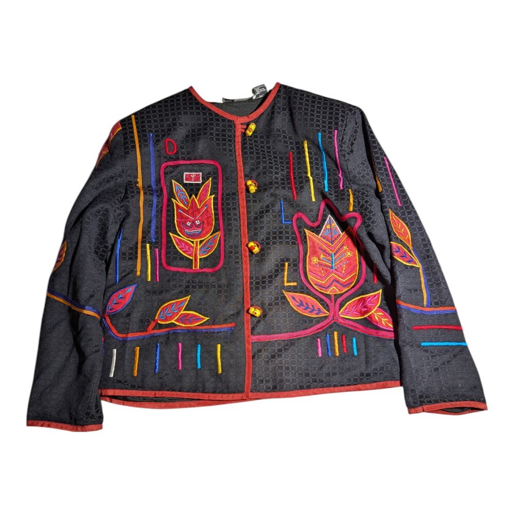 Vtg 1990s Draper's & Damon's Black Red Tulip Floral Embroidered Jacket P L